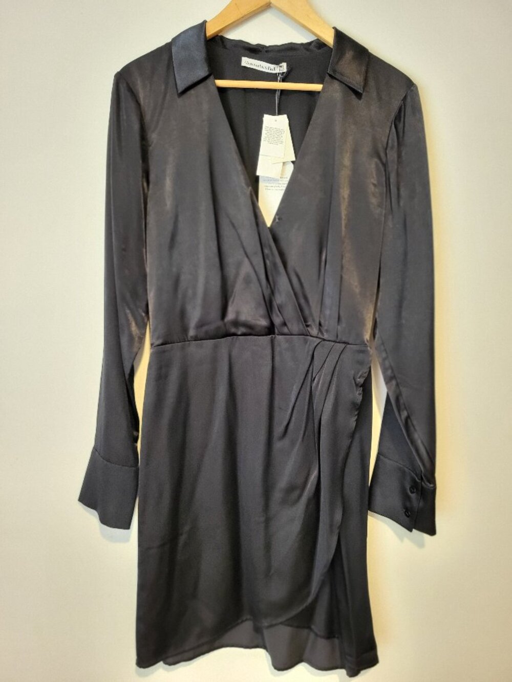 Abercrombie black satin wrap style dress. Size M. NWT.